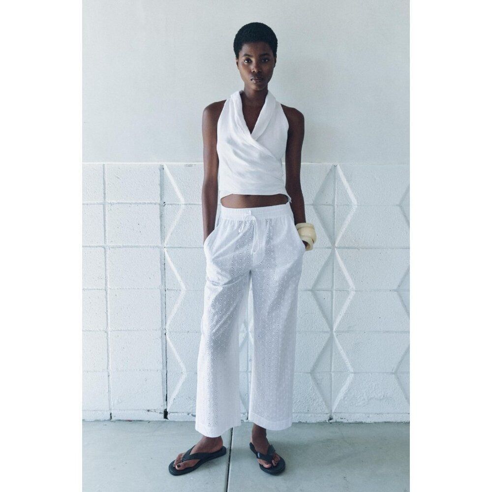 Zara Womens Trouser Pants Size XL White Cutwork Embroidered Pockets 2731/255 NWT